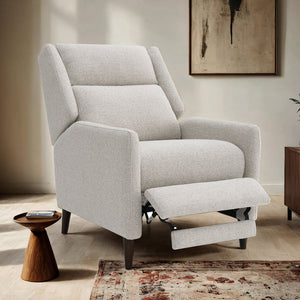 English Elm Mid-Century Psyche Pushback Recliner Linen-Look Beige High Back Channel Detail Espresso Legs - Cozy Supportful Style B2741P397641