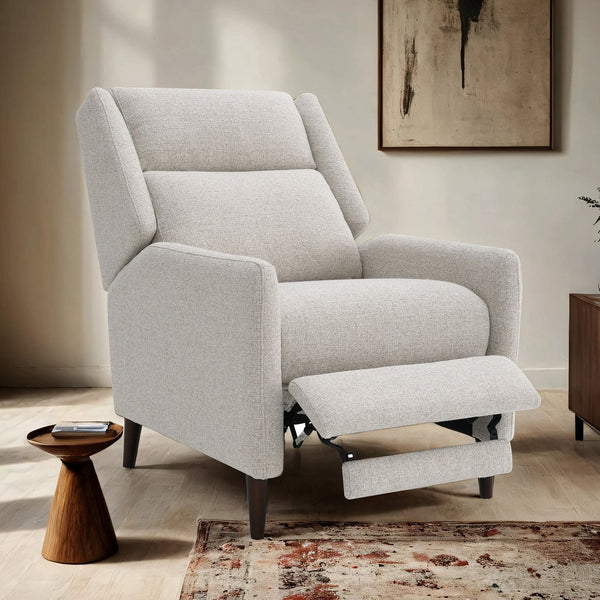 English Elm Mid-Century Psyche Pushback Recliner Linen-Look Beige High Back Channel Detail Espresso Legs - Cozy Supportful Style B2741P397641
