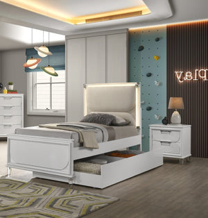 English Elm Contemporary Glam Pearl White Full Bed with Trundle Led Legs Mirror Accents 3pc Set B2741S00387