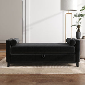 English Elm 66 Inch Sherpa Upholstered Storage Bench with Fluted Wood Base and Bolster Pillows Black W1658P446127