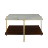 English Elm Walker Edison - Modern Glam 3-Tone Square Coffee Table With Lower Shelf - Faux White Marble/Dark Walnut/Gold