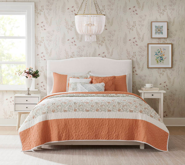 English Elm 6 Madison Park Dawn Cotton Percale Reversible Quilt Set with Paisley Pintuck, Lace Trim, Pillows, Full/Queen Coral 17.72 L x 22.83 W x 8.66 H B035129021
