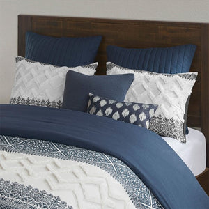 English Elm Full/Queen Mila 3 Piece Cotton Duvet Cover Set with Navy Botanical Print, Chenille Tufting & OEKO-TEX Comfort B035129137