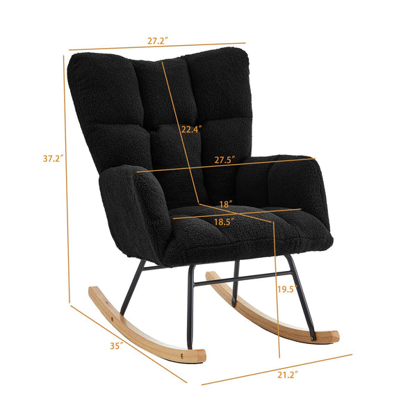 English Elm Glider Tufted Teddy Fabric Rocking Chair with Metal Frame and Rubberwood Legs, Plush Cozy Seat Black W1097P366855