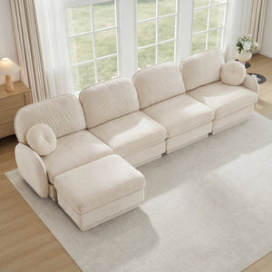 English Elm 137" Oversized Chenille Sectional Sofa with Movable Ottoman and Quilted Cushions W714S01754