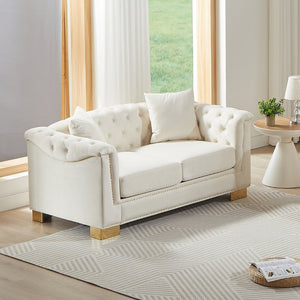 English Elm {video] Chesterfield Two-seater Velvet Sofa with Nailhead Trim and Tufted Gold Leg Luxury Beige W1926S00093