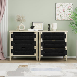 English Elm 3 Drawer Buffet Sideboard with Hand-Woven Rope Fronts, Waterproof Top, Adjustable Shelves, Anti-Tip Pads W688P237931