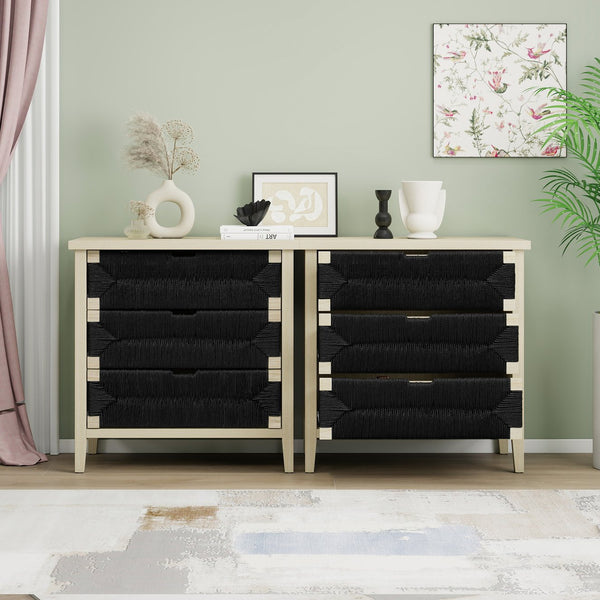 English Elm 3 Drawer Buffet Sideboard with Hand-Woven Rope Fronts, Waterproof Top, Adjustable Shelves, Anti-Tip Pads W688P237931