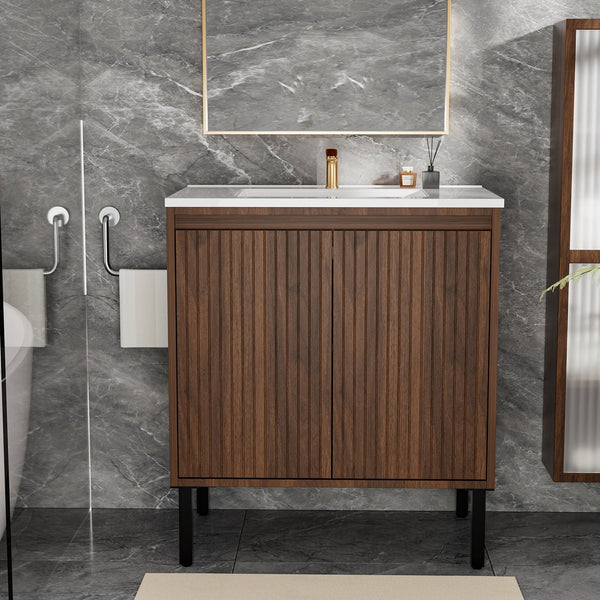 English Elm 30 Inch Floating Bathroom Vanity Matte Brown Wall-Mount MDF with Large Drawers Durable Storage PMID W3520P349558