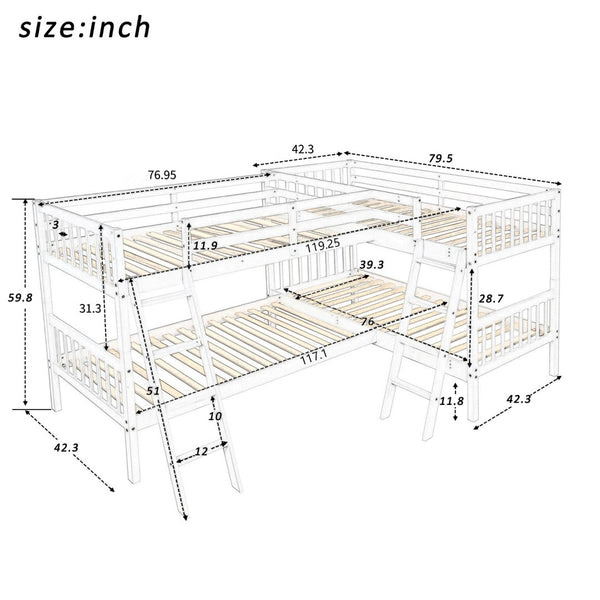 English Elm L-shaped Bunk Bed Twin Over Solid Pine Mission Style Kids Room Gray Frame LT000020AAE
