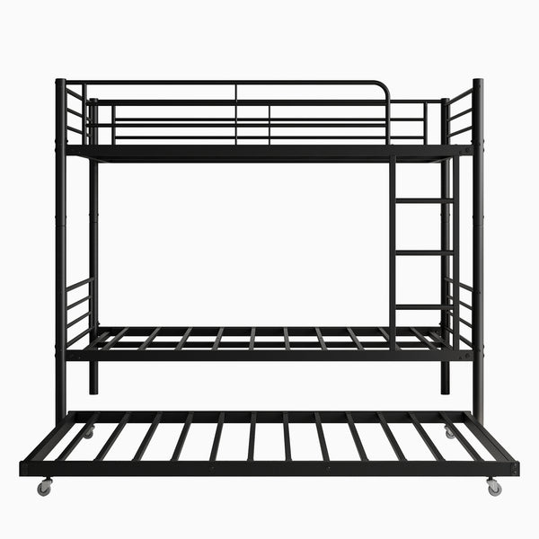 English Elm Twin Twin Bunk Bed with Trundle, Metal Frame Twin-Over-Twin Space-Saving Bunkbeds w/ Ladder & Guardrail W840P196829