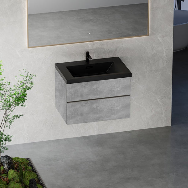 English Elm 30'' Wall Mounted Bathroom Vanity Smoked Walnut Fluted Cabinet Matte Black Basin W1920P385526