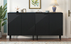 English Elm Mirod Geometric Relief Mdf Cabinet Set Lacquered Finish Metal Legs Modern Living Room Black N760S0000034B