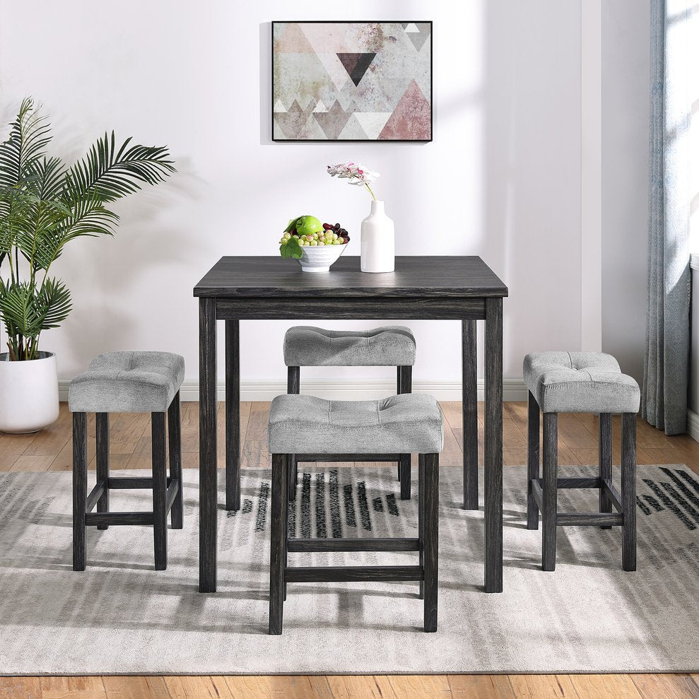 English Elm Dining Round 5-Piece Table Set with Solid Wood Chairs, Linen Upholstery, Industrial Modern Style Black+ Gray W487P333509