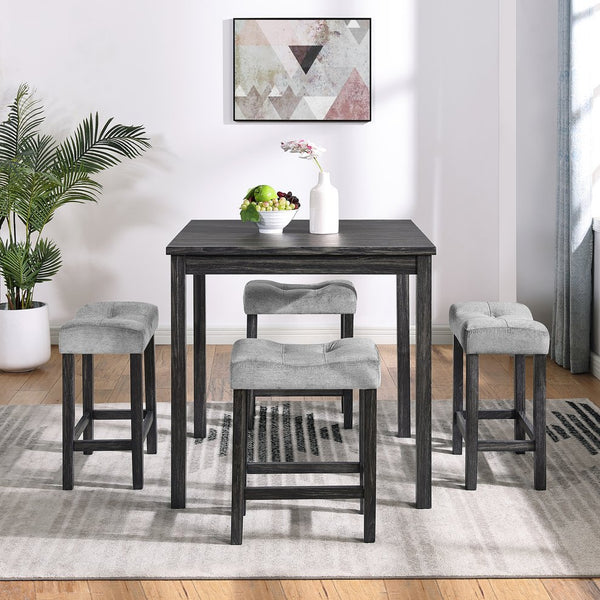 English Elm Dining Round 5-Piece Table Set with Solid Wood Chairs, Linen Upholstery, Industrial Modern Style Black+ Gray W487P333509