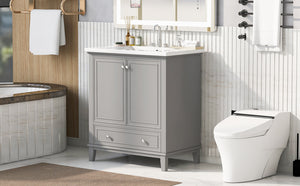English Elm 30" Bathroom Vanity with Sink — Modern Freestanding 30" Cabinet with Ceramic Top, Drawer, Doors, Shelf Grey N725P221263E