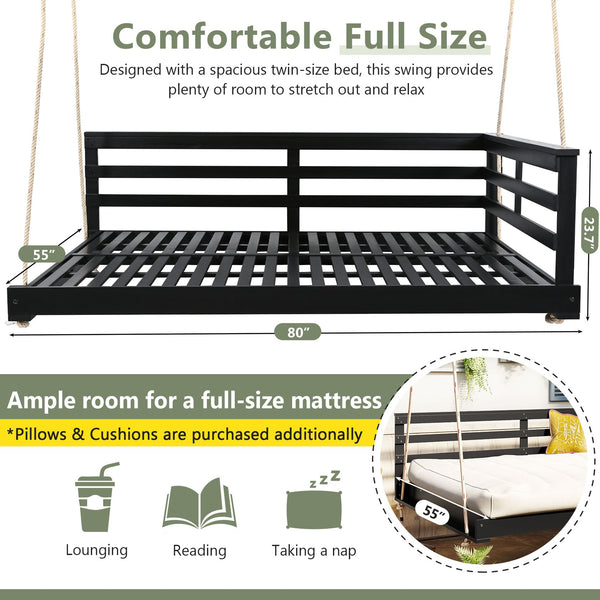 English Elm TOPMAX Acacia Wood Porch Swing Bed with 96" Hemp Ropes, Open-Side Minimalist Patio Lounger, 350lb Capacity Black N717P265860B