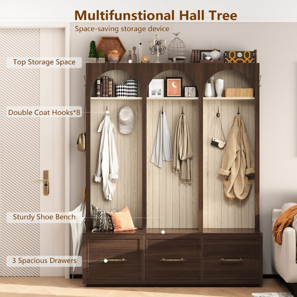 English Elm Farmhouse Hall Tree with Arched Panels Bench Drawers and Hooks for Mudroom Entryway Walnut W5271S00006