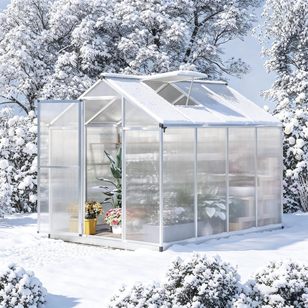 English Elm Winter Walk-in Polycarbonate Greenhouse Aluminum Frame with Roof Vent and Rain Gutter T3971S00231