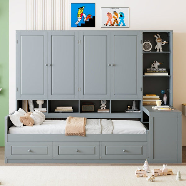 English Elm Twin Size Wooden Daybed With Integrated Desk, Storage Drawers, And Shelves - Stylish Gray Design! N820S00054E-GIGA