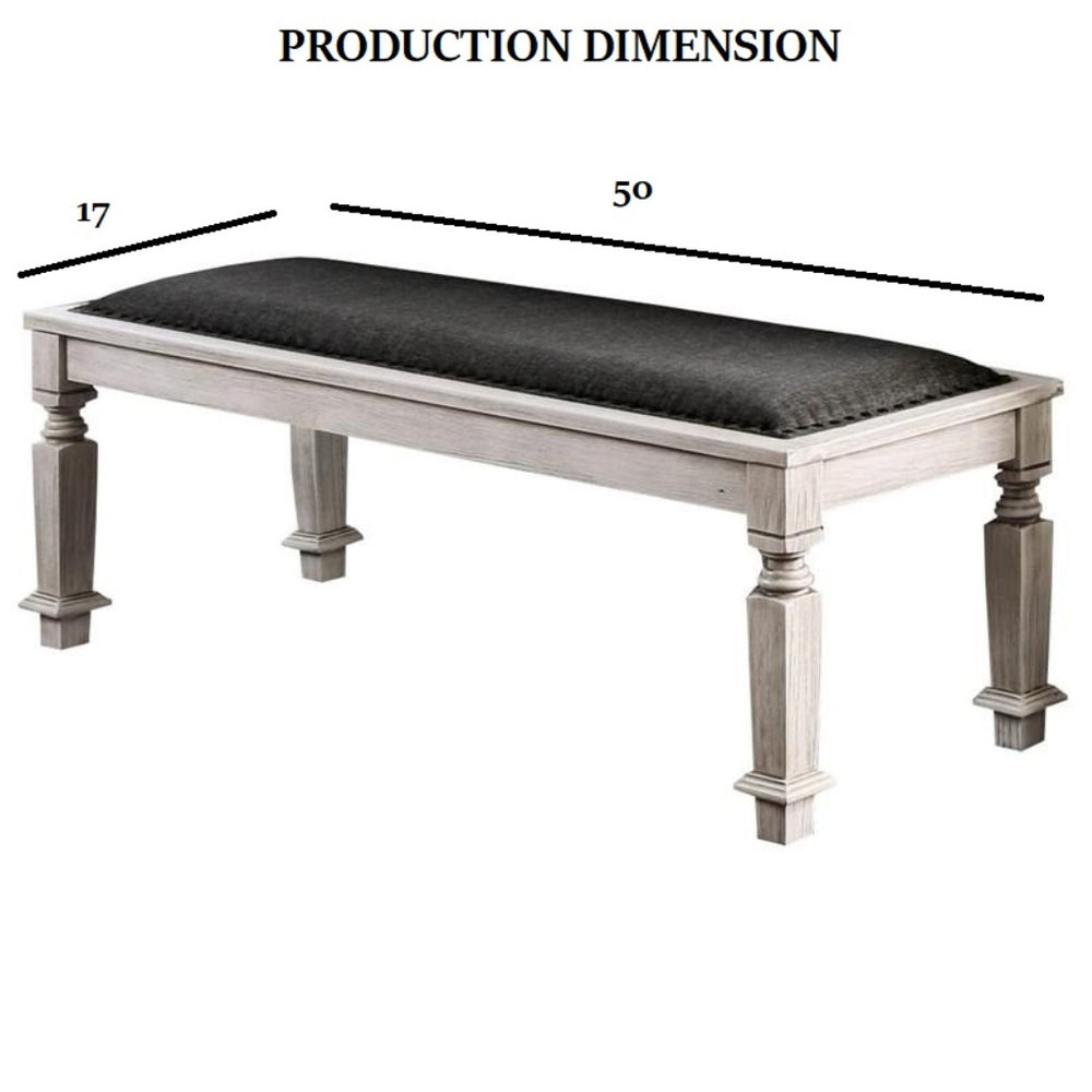 English Elm Transitional Upholstered Tufted Bench with Flannelette Cushion, Elegant Dining Seating, Glamorous Finish, 50.5" wide Antique White,Gray 20 L x 53 W x 7 H B2741P366069