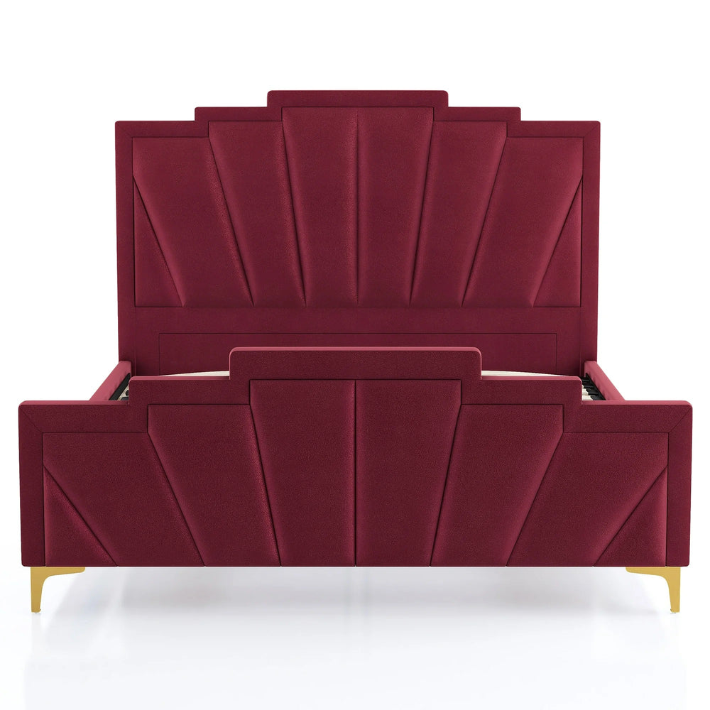 English Elm Glam Plush Flannelette Queen Bed with Shell Tufting and Padded Headboard on Metal Legs for Style Gold,Red 84 L x 26 W x 5 H B2741S00335