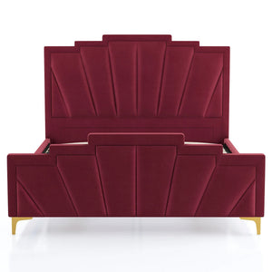 English Elm Glam Plush Flannelette Queen Bed with Shell Tufting and Padded Headboard on Metal Legs for Style Gold,Red 84 L x 26 W x 5 H B2741S00335