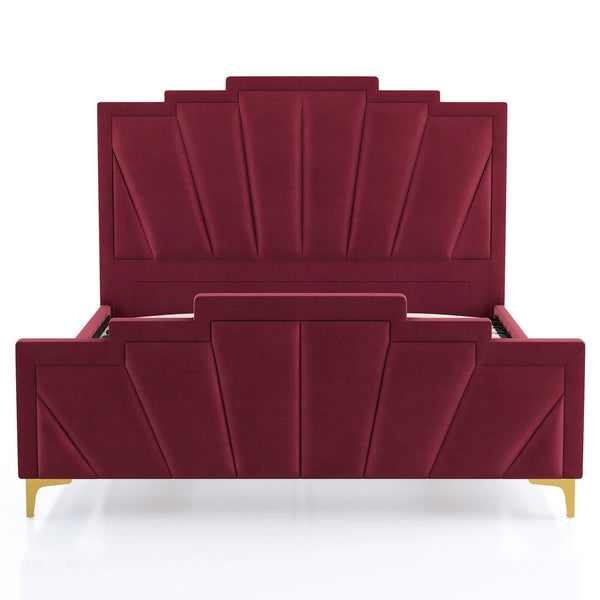 English Elm Glam Plush Flannelette Queen Bed with Shell Tufting and Padded Headboard on Metal Legs for Style Gold,Red 84 L x 26 W x 5 H B2741S00335