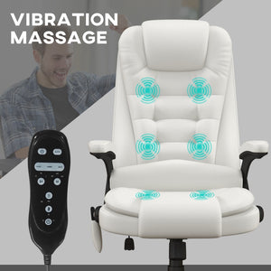 English Elm Homcom High Back Vibration Massage Office Chair With 6 Vibration Points, Heated Reclining Pu Leather Computer Chair With Armrest and Remote, White