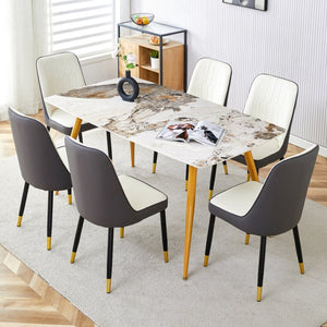 English Elm Table Set: Modern Minimalist Dining With White Imitation Marble Top & 6 Ergonomic Pu Chairs, Gold & Black W1151S01670-GIGA