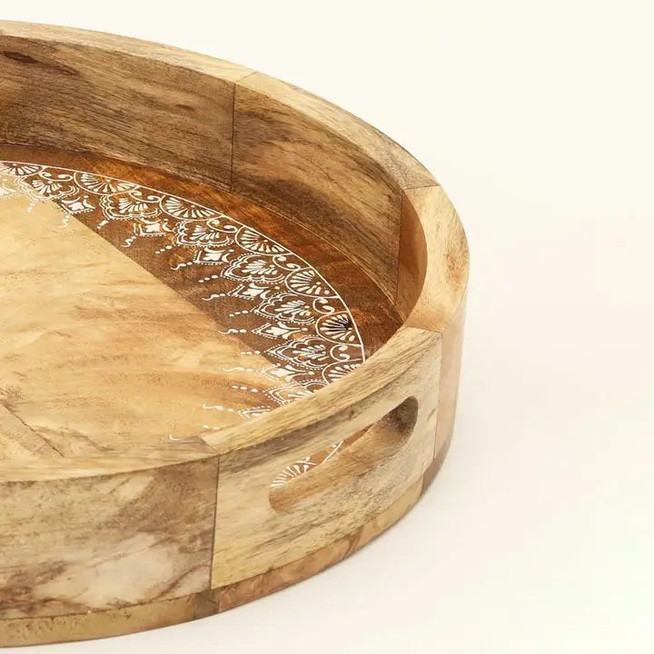 English Elm Round Mango Wood Tray Set of 3 – Nested Natural-Finish Serving & Décor Trays with Floral Inlay, 19" B346P392354