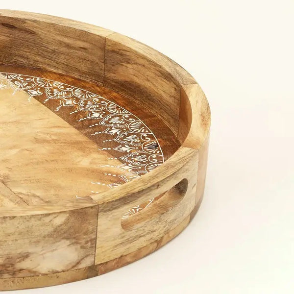 English Elm Round Mango Wood Tray Set of 3 – Nested Natural-Finish Serving & Décor Trays with Floral Inlay, 19" B346P392354
