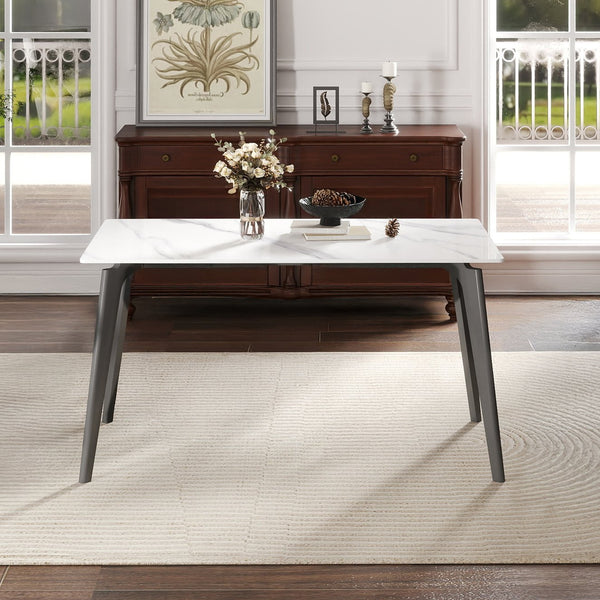 English Elm 55.12" Modern Artificial Stone Dining Table With Dark Grey Metal Legs - Elegant Design For 6 People W1535S00518