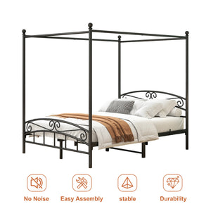 English Elm Queen Metal Canopy Bed Frame with Headboard & Footboard, Black Steel, 500lb Capacity, 12.4" Storage W84034157