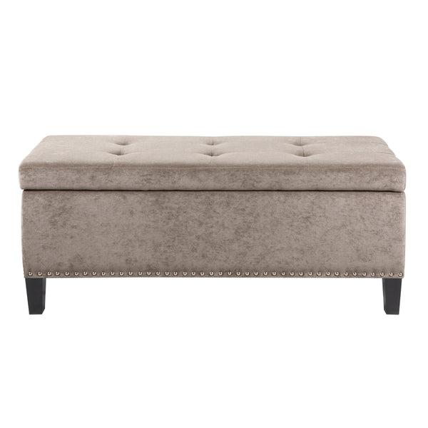 JLA Home Madison Park - Tufted Blue Storage Bench with Soft-Close Lift Top, Elegant Upholstered Seating and Noir Legs Taupe FPF18-0197