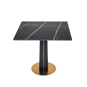 English Elm Modern Square Negotiation Table - 85Cm Black Sintered Stone Top, Elegant Wooden Legs & Gold Base W1535S00587