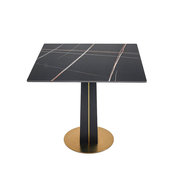 English Elm Modern Square Negotiation Table - 85Cm Black Sintered Stone Top, Elegant Wooden Legs & Gold Base W1535S00587