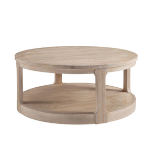 English Elm 40inch Rustic Curved 2-Tier Round Wooden Coffee Table with Wheels, Mid-Century Vintage Charm, Solid Pine Blend Oak W2582P202644