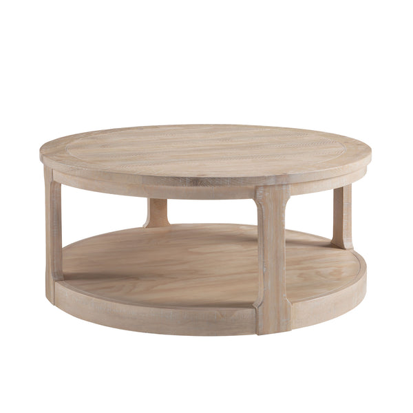 English Elm 40inch Rustic Curved 2-Tier Round Wooden Coffee Table with Wheels, Mid-Century Vintage Charm, Solid Pine Blend Oak W2582P202644