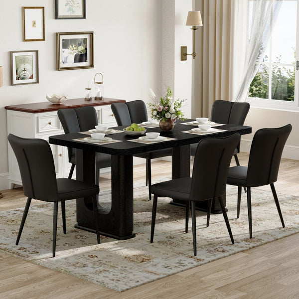 English Elm Table Black Wood Dining Set With 6 Stylish Pu Chairs, Textured Finish & U-Shaped Metal Legs For Modern Homes W1151S04315-GIGA