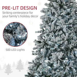 English Elm HOMCOM 7.5' Flocked Artificial Christmas Tree Prelit with 500 Cold White LEDs, 1254 Branches, Flame-Retardant W2225P173951