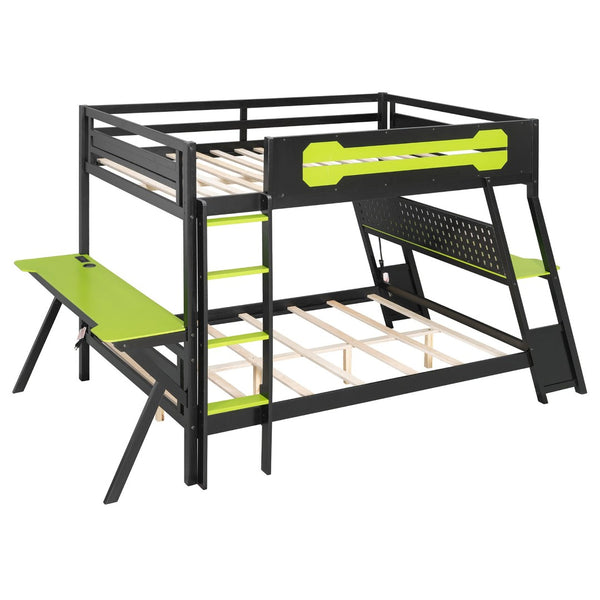 English Elm Full Size Gaming Bunk Bed with Dual Desks Usb Charging Ports and Pegboard Storage Green LT000274AAG
