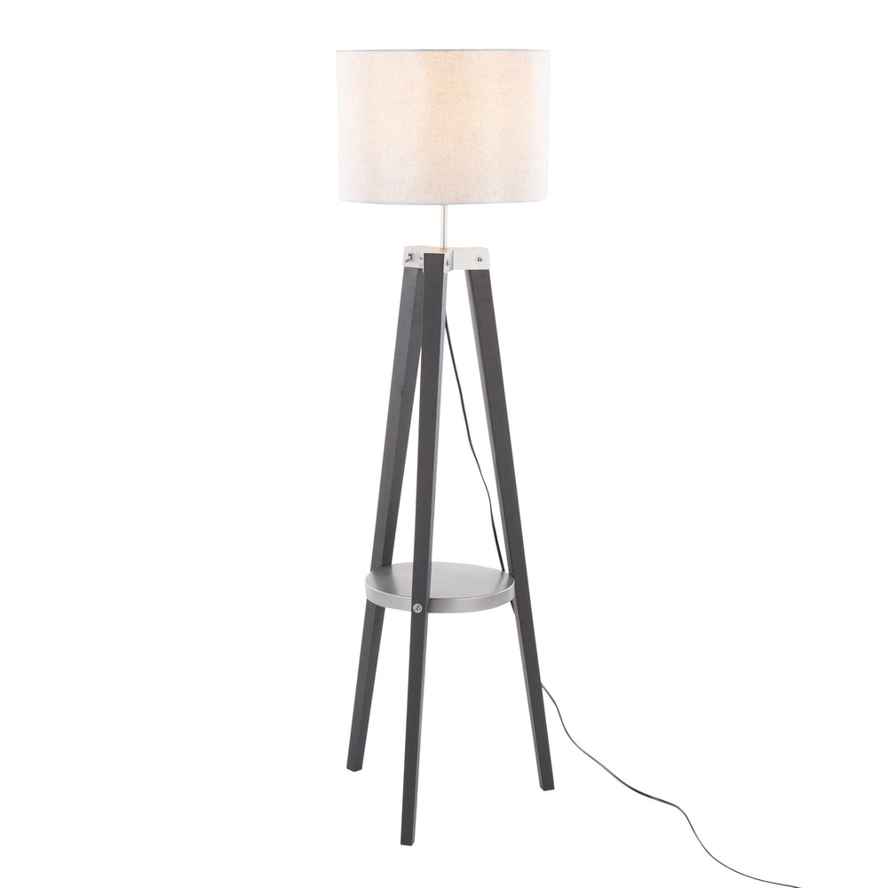 English Elm Compass Mid-Century Floor Lamp with Shelf, Tripod Wood Legs, Linen Shade, LED Included, Stylish Accent Black B202S01361