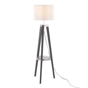 English Elm Compass Mid-Century Floor Lamp with Shelf, Tripod Wood Legs, Linen Shade, LED Included, Stylish Accent Silver B202S01360