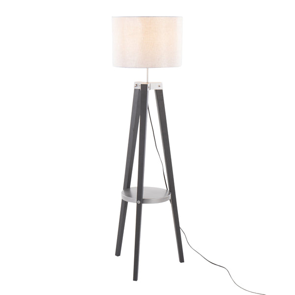 English Elm Compass Mid-Century Floor Lamp with Shelf, Tripod Wood Legs, Linen Shade, LED Included, Stylish Accent Silver B202S01360