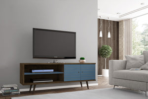 English Elm Liberty 71" TV Stand with Mid-Century Splayed Legs, Wire Management, Drawer & Cubby Storage Brown+Blue B365P398361