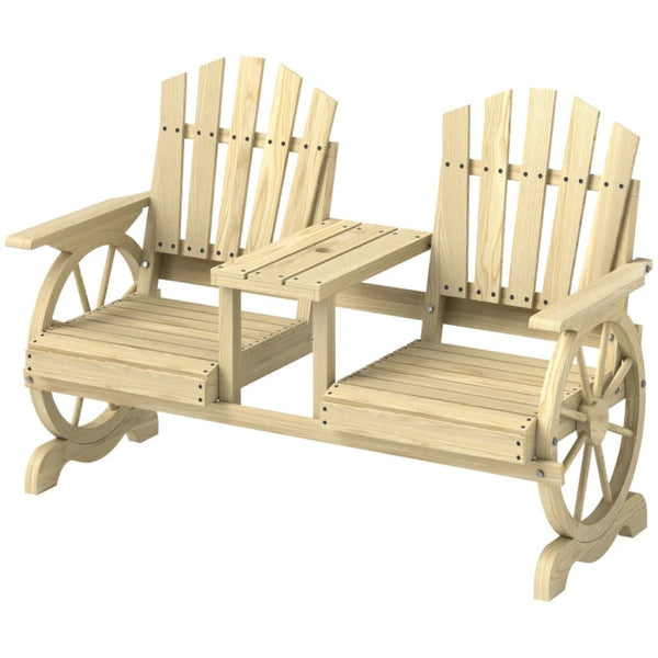 English Elm Stable Outdoor Fir Wood Bench with Wagon Wheel Legs and Built in Center Table T3971P446216