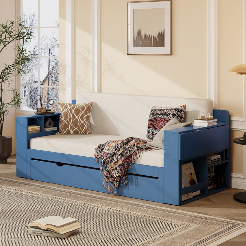 English Elm Queen Daybed with Hydraulic Desk Storage Drawers and Convertible Sofa for Small Spaces Blue LT000272AAC