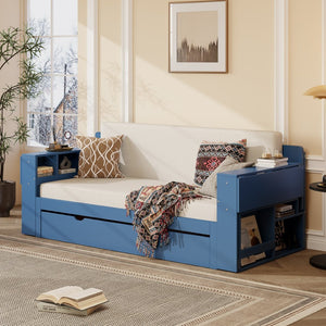English Elm Queen Daybed with Hydraulic Desk Storage Drawers and Convertible Sofa for Small Spaces Blue LT000272AAC