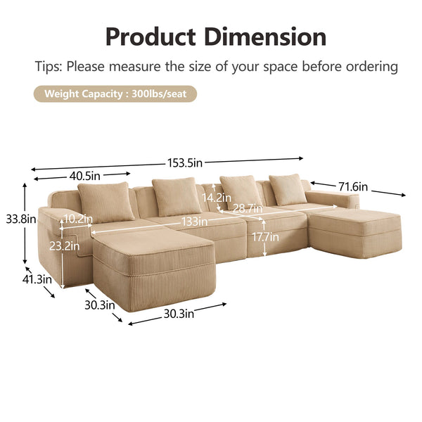 English Elm Modular U-Shaped Sectional Sofa, Cloud-Like Comfort With Deep Seats, Movable Ottomans & Pillows W3041S00322